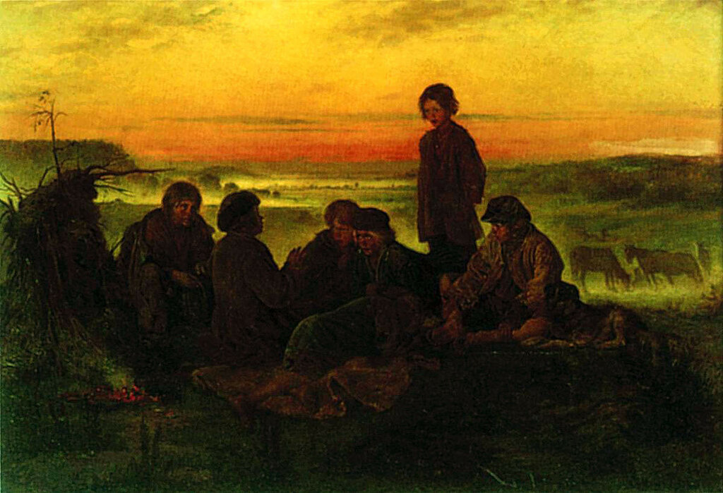 Сколько мальчиков было на лугу. В. Е. Маковский. Крестьянские мальчики в ночном стерегут лошадей. 1869..